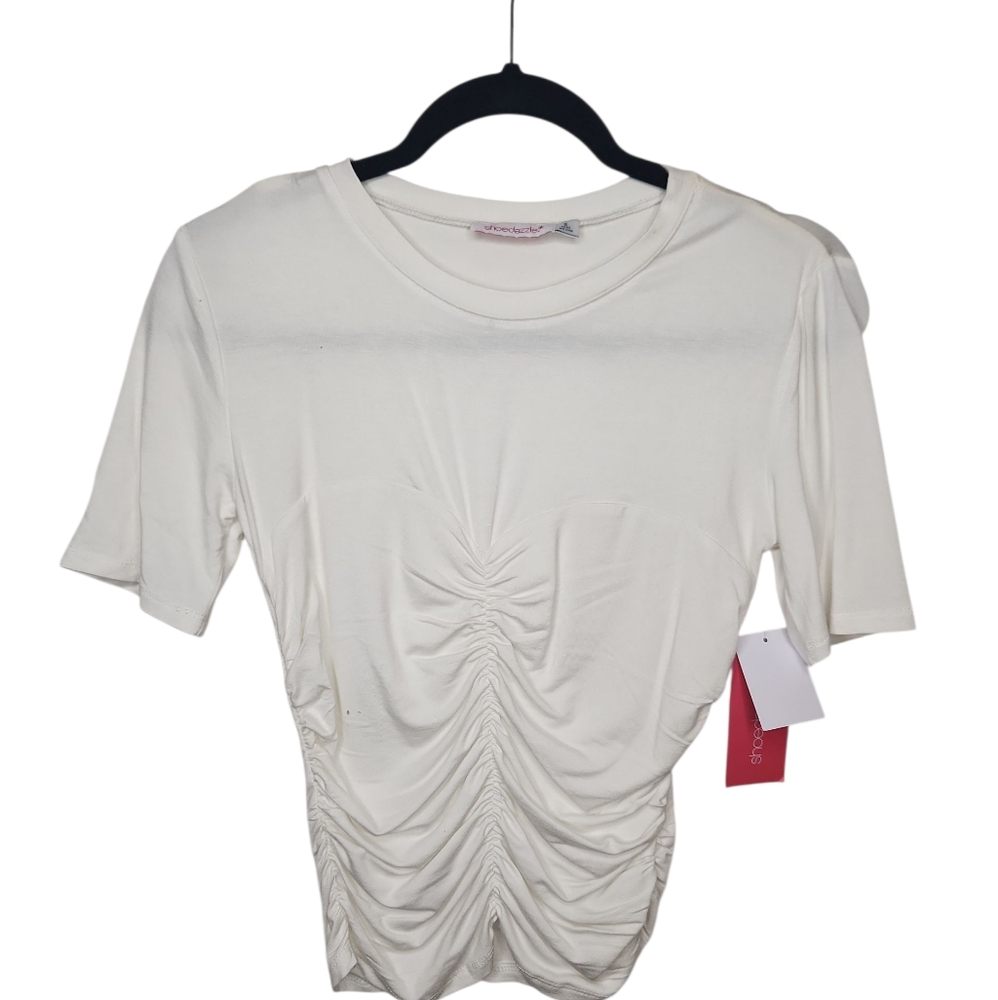 NWT Shoe Dazzle Women's White Ruched Short Sleeve Top Size S